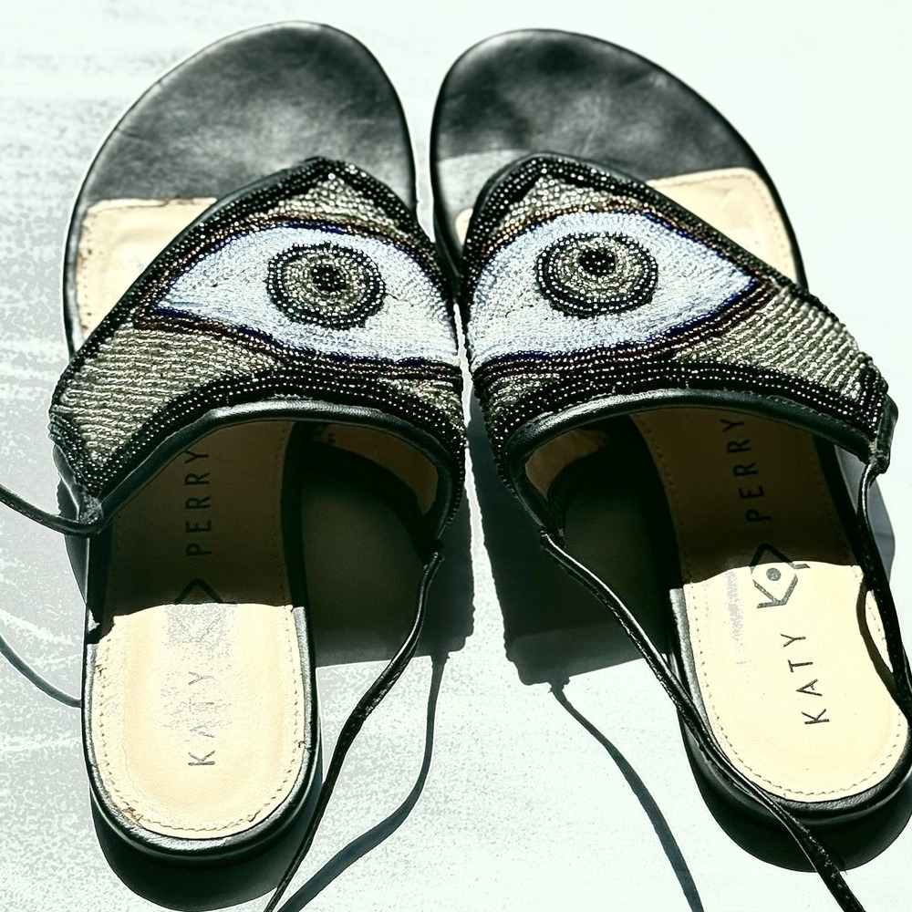 KATY PERRY Collections "The Lauren" Sz 6 Beaded Evil Eye Thong Sandal Ankle Tie
